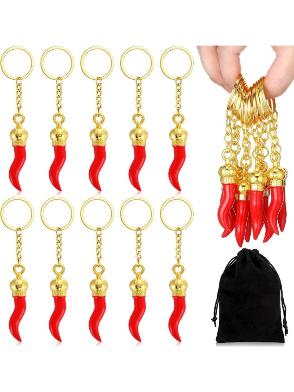 10 Pcs Italian Horn Keychain Set - Red Chili Pepper Charm for Car Mirror Decor